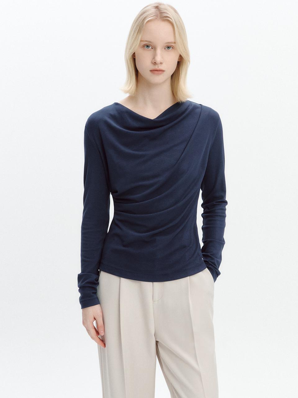 GRAYDATION Cowl-neck Draped T-blouse [NAVY]