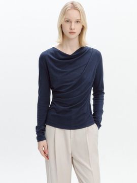 GRAYDATION Cowl-neck Draped T-blouse [NAVY]