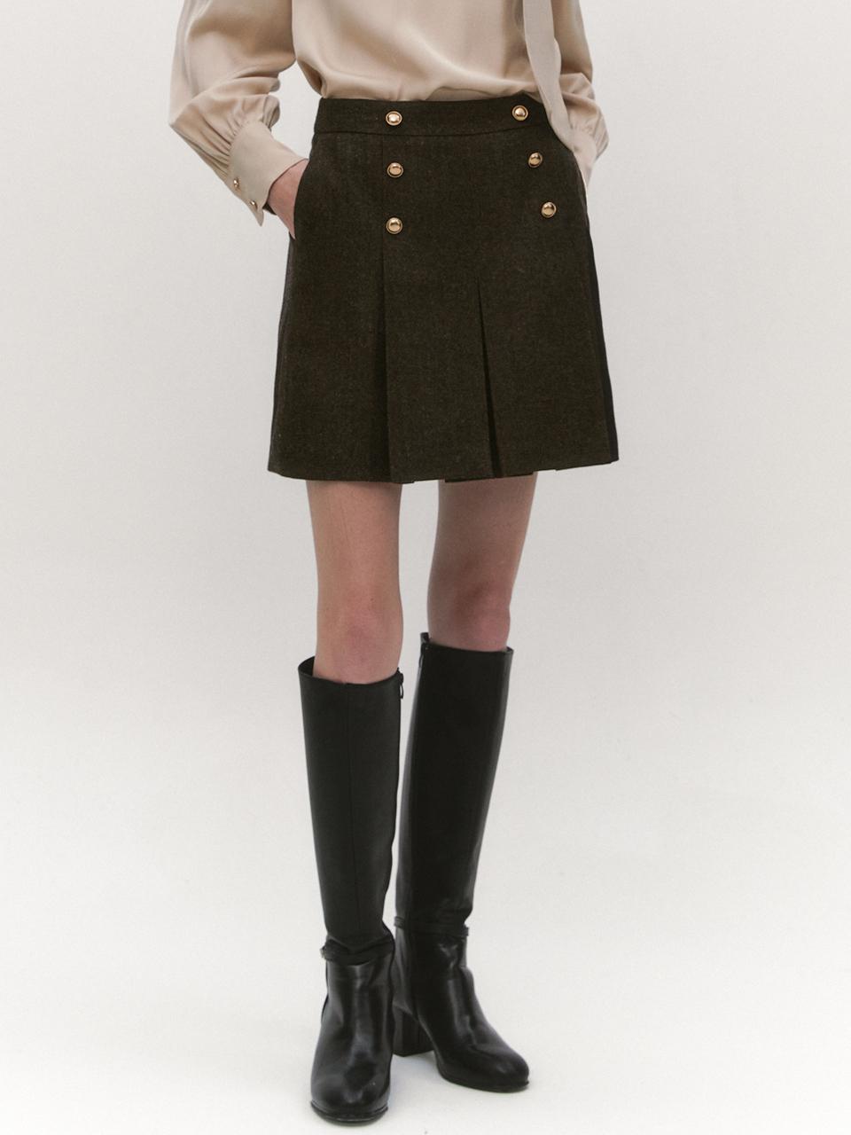 GRAYDATION Pleated Herringbone Wool Skirt BROWN