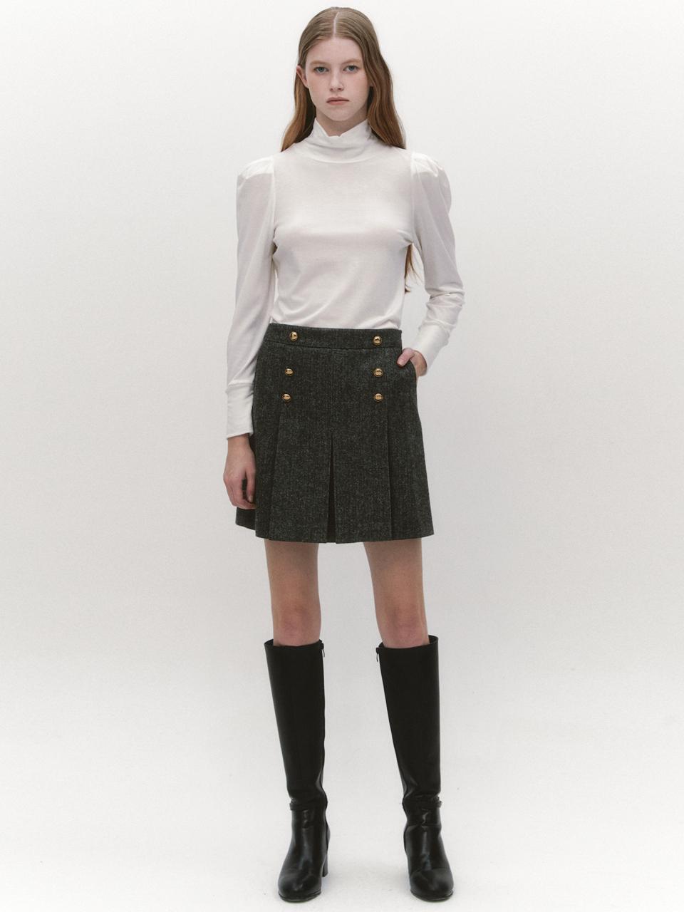 GRAYDATION Pleated Herringbone Wool Skirt CHARCOAL GREY