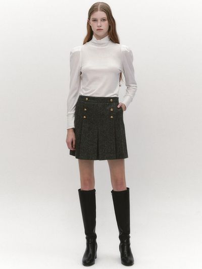 GRAYDATION Pleated Herringbone Wool Skirt CHARCOAL GREY