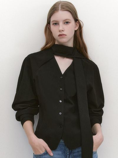 GRAYDATION Raglan Sleeve Tie Neck Blouse BLACK