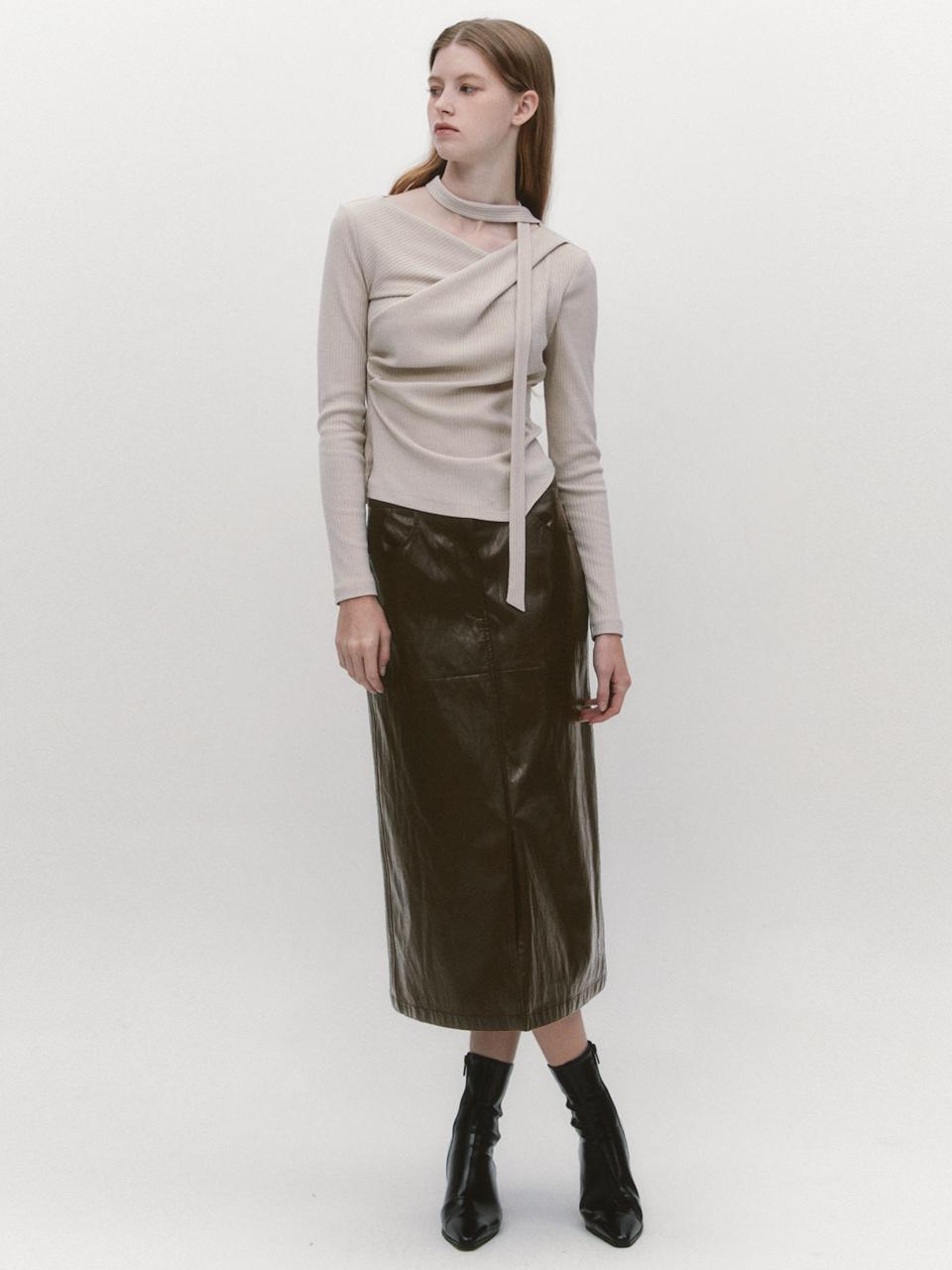 GRAYDATION Slit Front Faux Leather Skirt BROWN