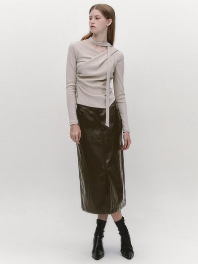 GRAYDATION Slit Front Faux Leather Skirt BROWN