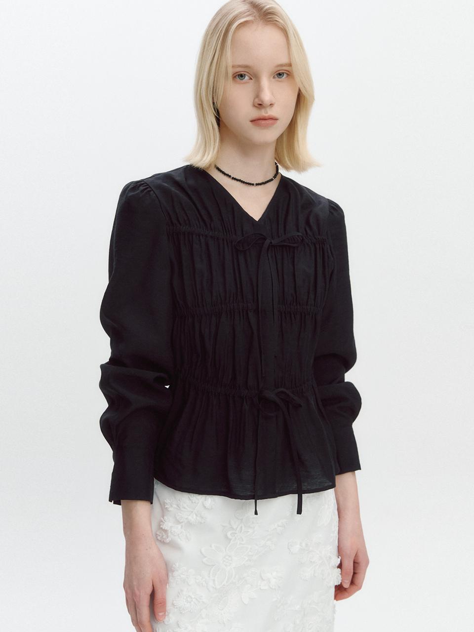 GRAYDATION V-neck Strap-decorated Shirring Blouse [BLACK]