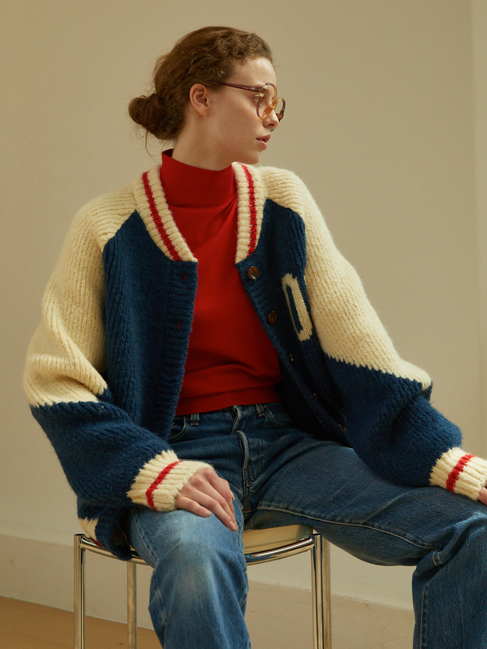 GREENBUTTER 08 Varsity Alpaca Knit Cardigan (Navy)