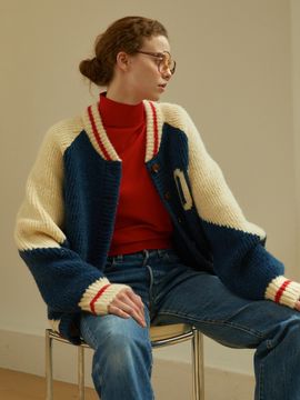 GREENBUTTER 08 Varsity Alpaca Knit Cardigan (Navy)