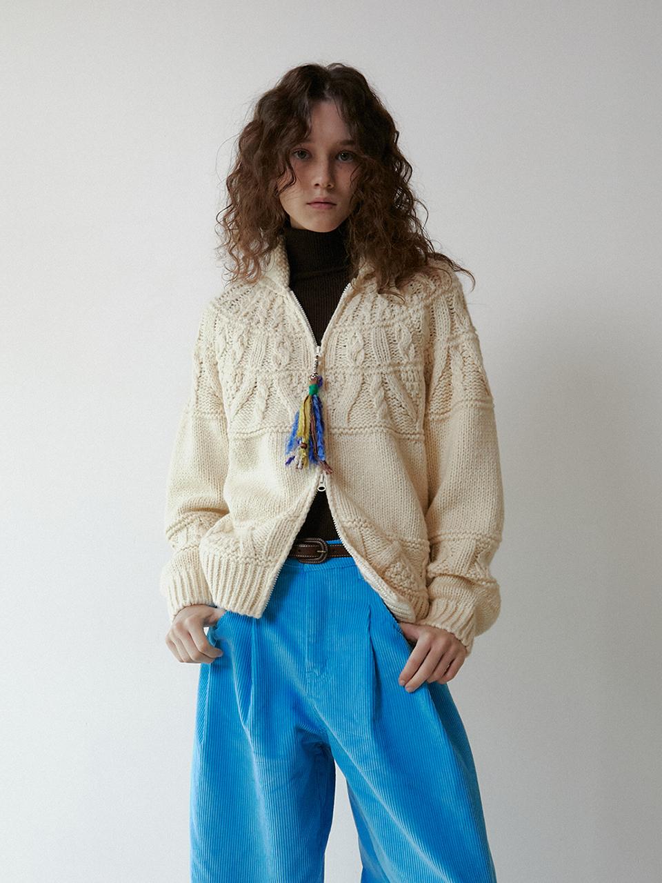 GREENBUTTER Charm Nordic Cable Cardigan (L/Beige)