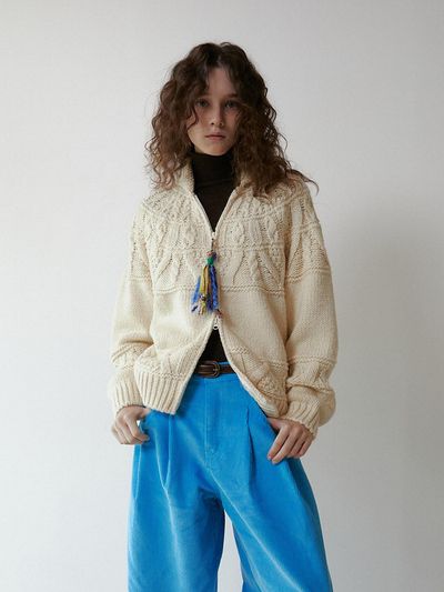 GREENBUTTER Charm Nordic Cable Cardigan (L/Beige)