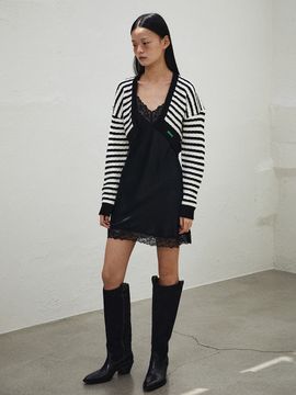 GREENBUTTER Herringbone Stripe Knit Bolero Cardigan (Black)