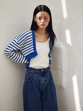 GREENBUTTER Herringbone Stripe Knit Bolero Cardigan (Blue)