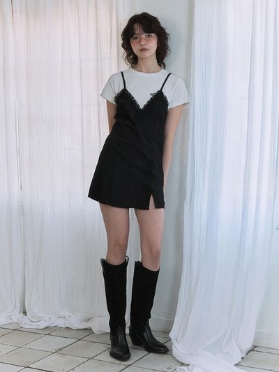 GREENBUTTER Silky Lace Slip Mini Dress (Black)