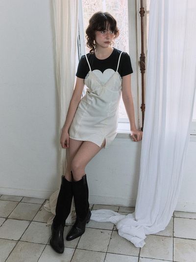 GREENBUTTER Silky Lace Slip Mini Dress (Cream)