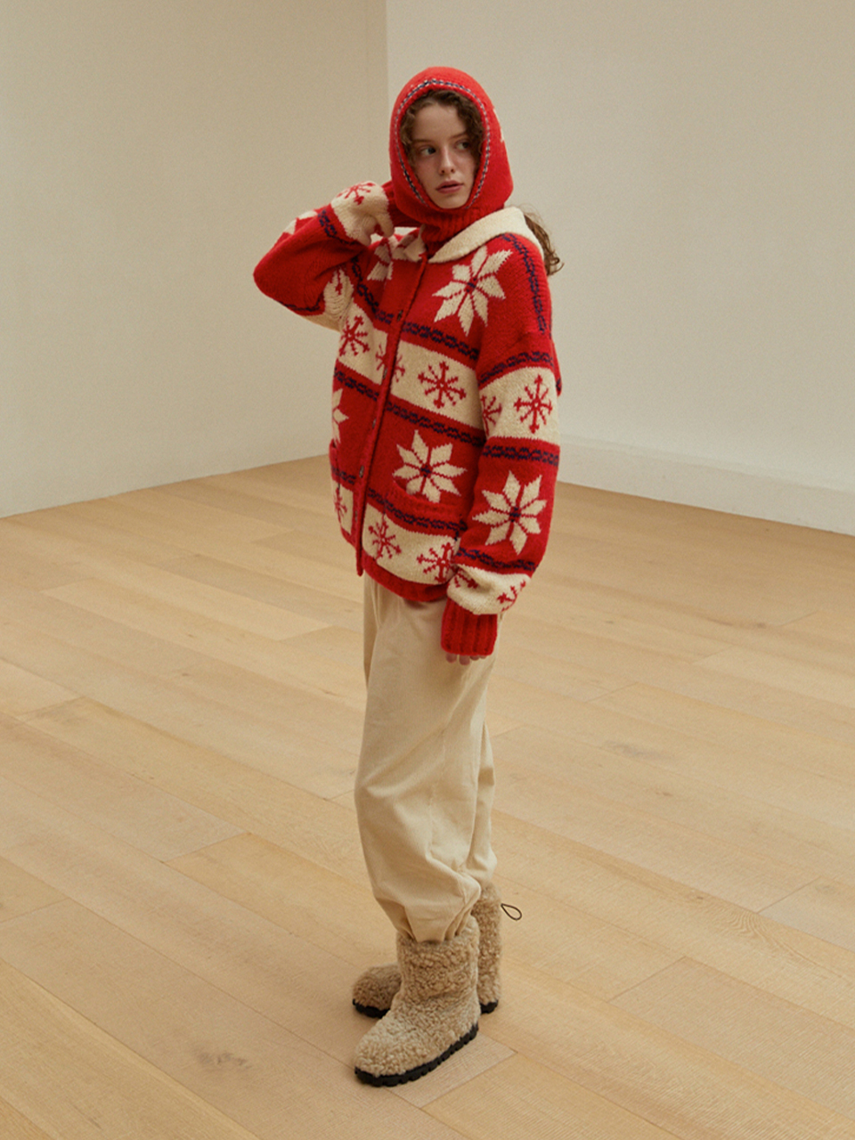 GREENBUTTER Snowflake Alpaca Cowichan Cardigan (Red)