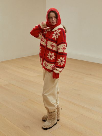 GREENBUTTER Snowflake Alpaca Cowichan Cardigan (Red)
