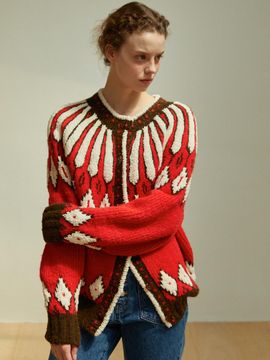 GREENBUTTER Terry Ethnic Alpaca Wool Cardigan (Red)