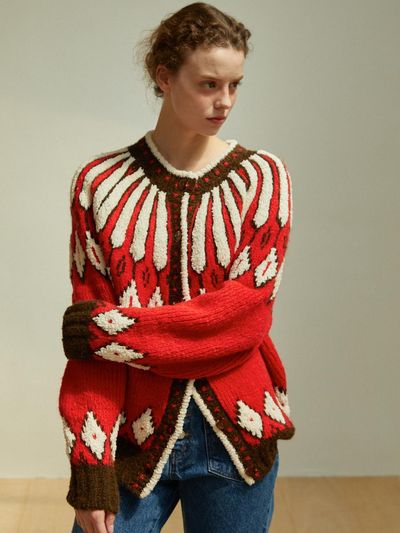 GREENBUTTER Terry Ethnic Alpaca Wool Cardigan (Red)