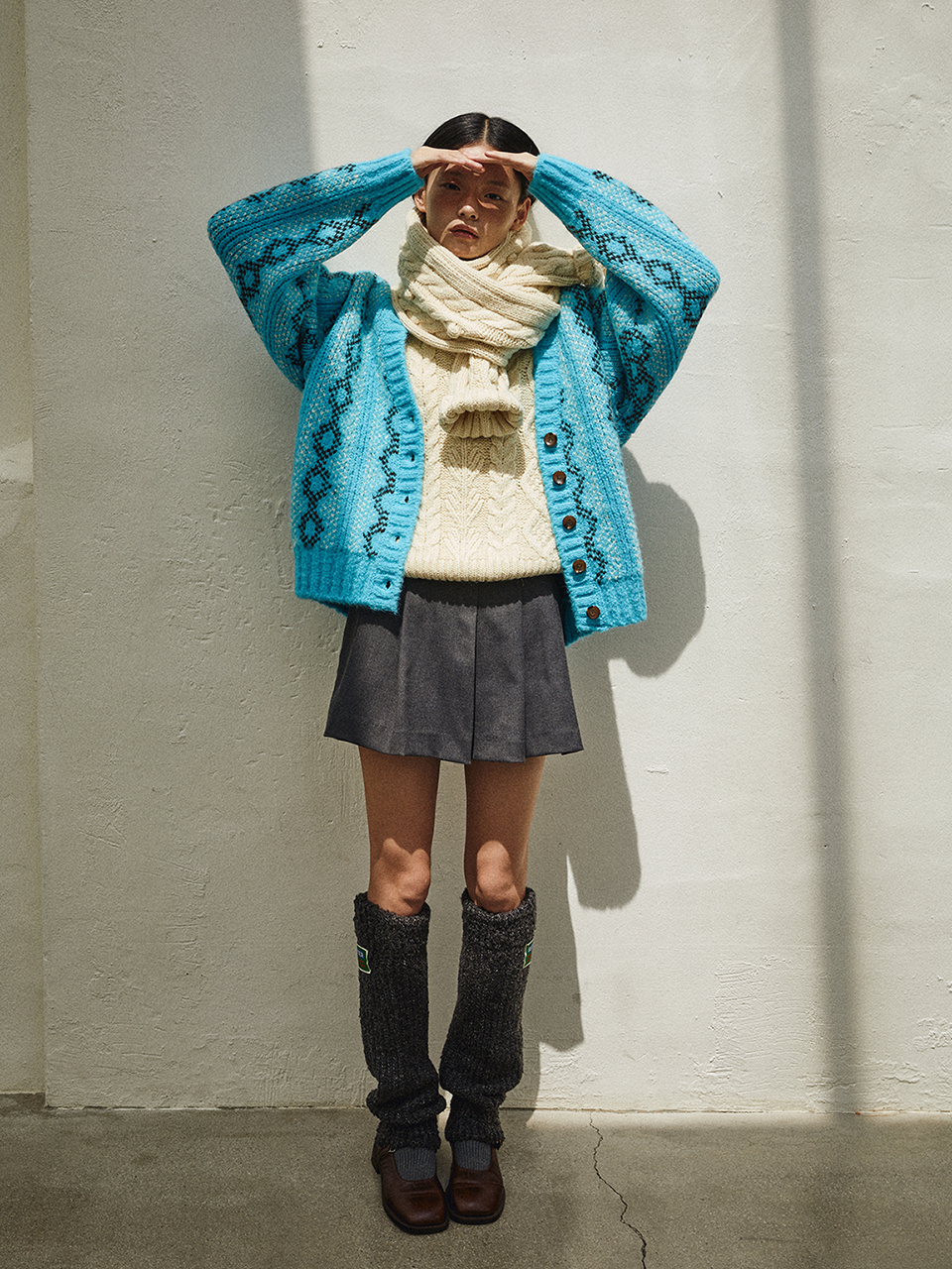GREENBUTTER Vintage Jacquard Pattern Cardigan (Sky Blue)