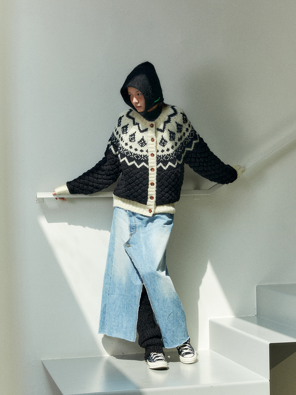 GREENBUTTER Waffle Nordic Cardigan (Black)