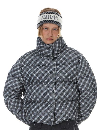 grove Check Corduroy Crop Down Jacket [Grey/Blue]