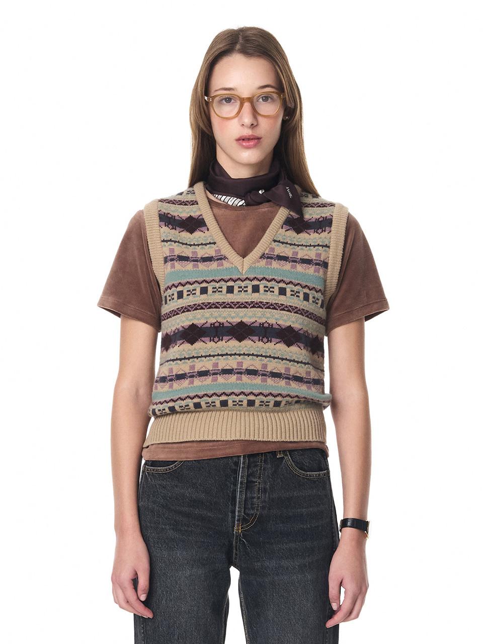 grove Nordic V-neck Knit Vest (Beige)