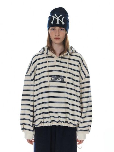 grove Oversized Striped Cotton Hoodie [BEIGE/NAVY/GREY]