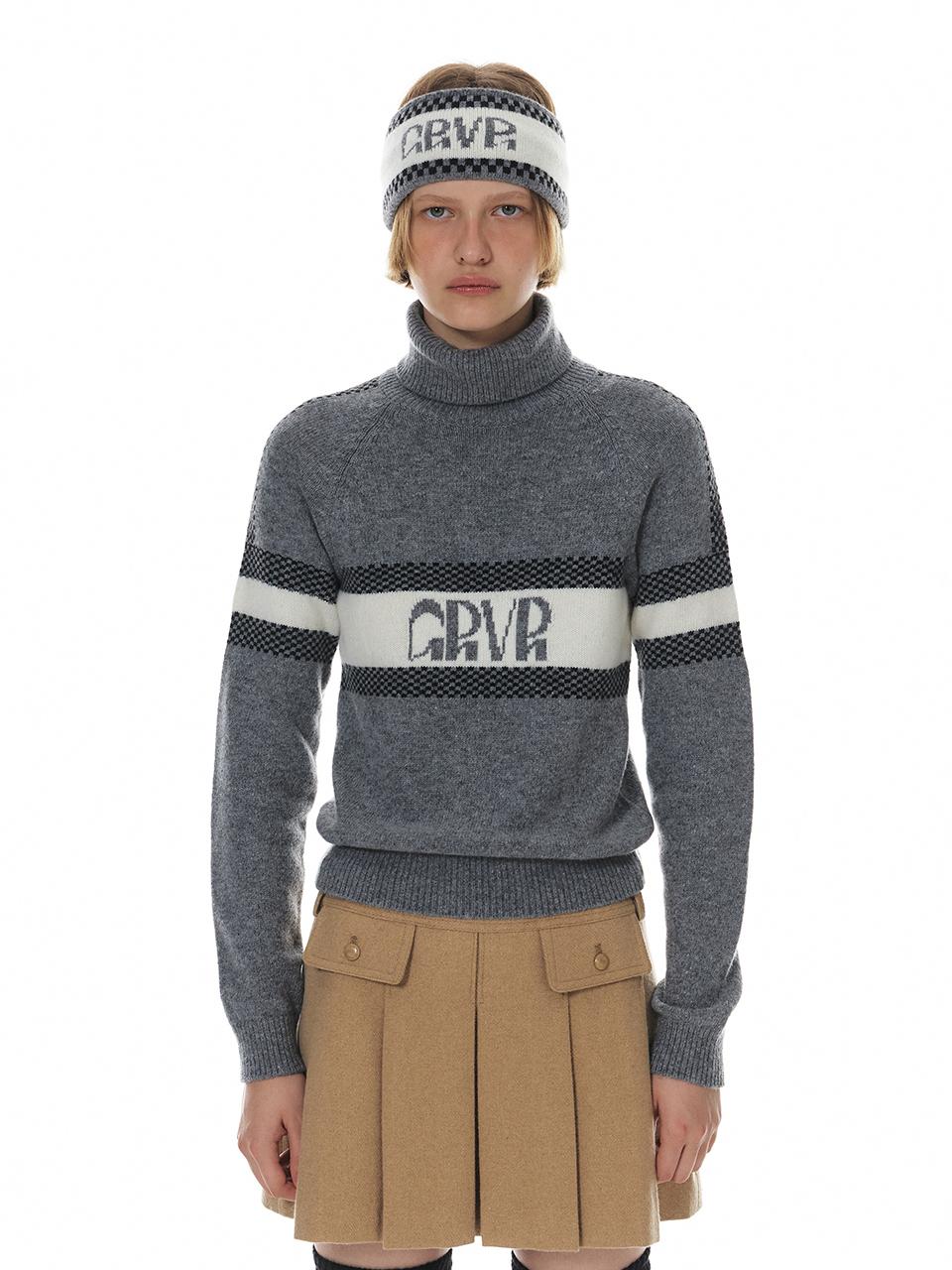 grove Wool Blend Turtleneck Logo Jacquard Knit [Ivory/Navy/Grey]