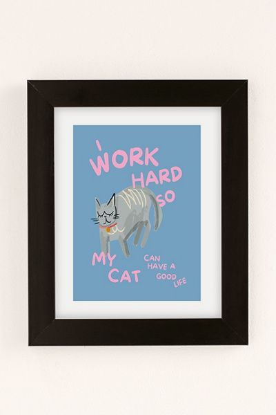 GS Print Shoppe GS Print Shoppe Work Hard Cat Art Print in Black Matte Frame at Urban Outfitters