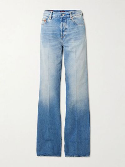 GUCCI Embellished leather-trimmed mid-rise flared jeans