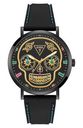 GUESS GUESS Day of the Dead Black Multifunction Silicone Strap Watch, 44mm 