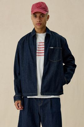 GUESS JEANS GUESS JEANS Boxy Fit Zip-Up Denim Jacket in Classic Rinse Wash, Men's at Urban Outfitters