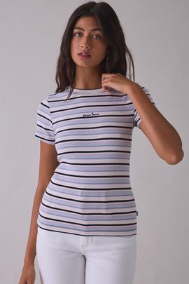 GUESS JEANS GUESS JEANS Star Embroidered Graphic Striped Rib Tee in Blue, Women's at Urban Outfitters