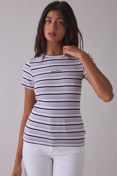 GUESS JEANS GUESS JEANS Star Embroidered Graphic Striped Rib Tee in Blue, Women's at Urban Outfitters