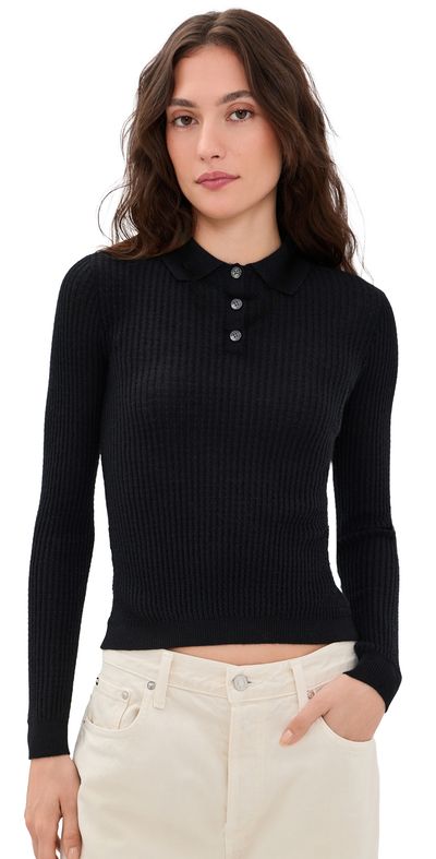 Guest in Residence Guest in Residence Long Sleeve Cashmere Shrunken Polo Black