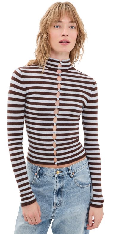 GUIZIO GUIZIO Fitted Knit Crew Neck BLUE/BROWN STRIPE