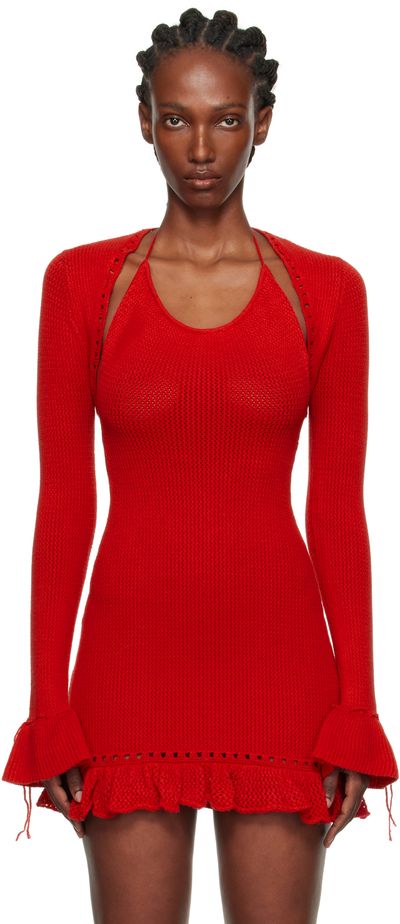 GUIZIO GUIZIO Red Crochet Ruffle Sleeve Bolero Cardigan