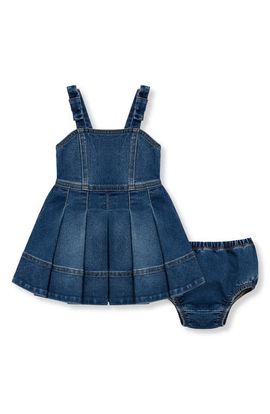Habitual Kids Habitual Kids Pleated Bow Strap Cotton Blend Denim Dress with Bloomers 