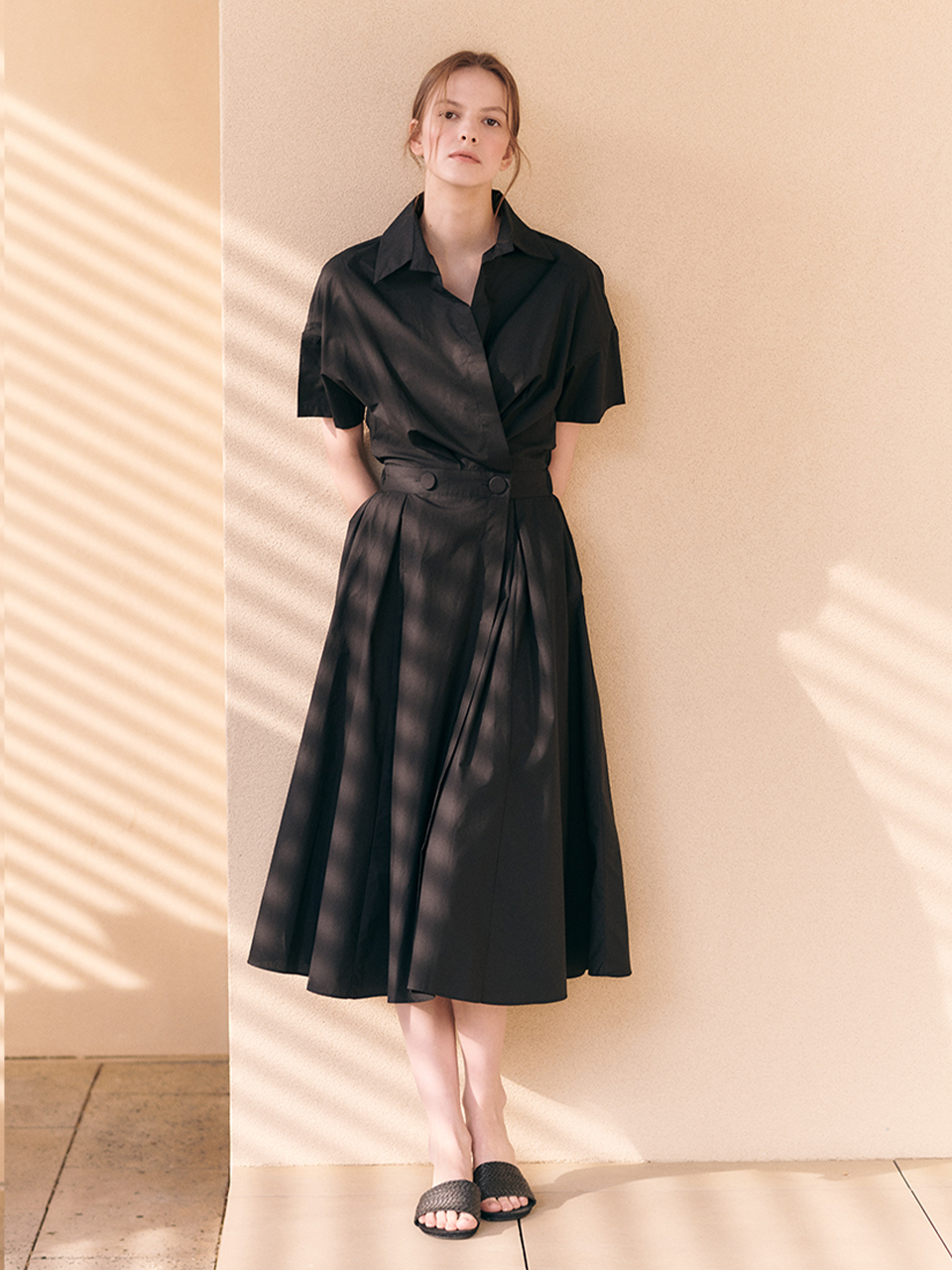 HACIE Flared Wrap Dress With Shirt Collar_Black