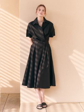 HACIE Flared Wrap Dress With Shirt Collar_Black