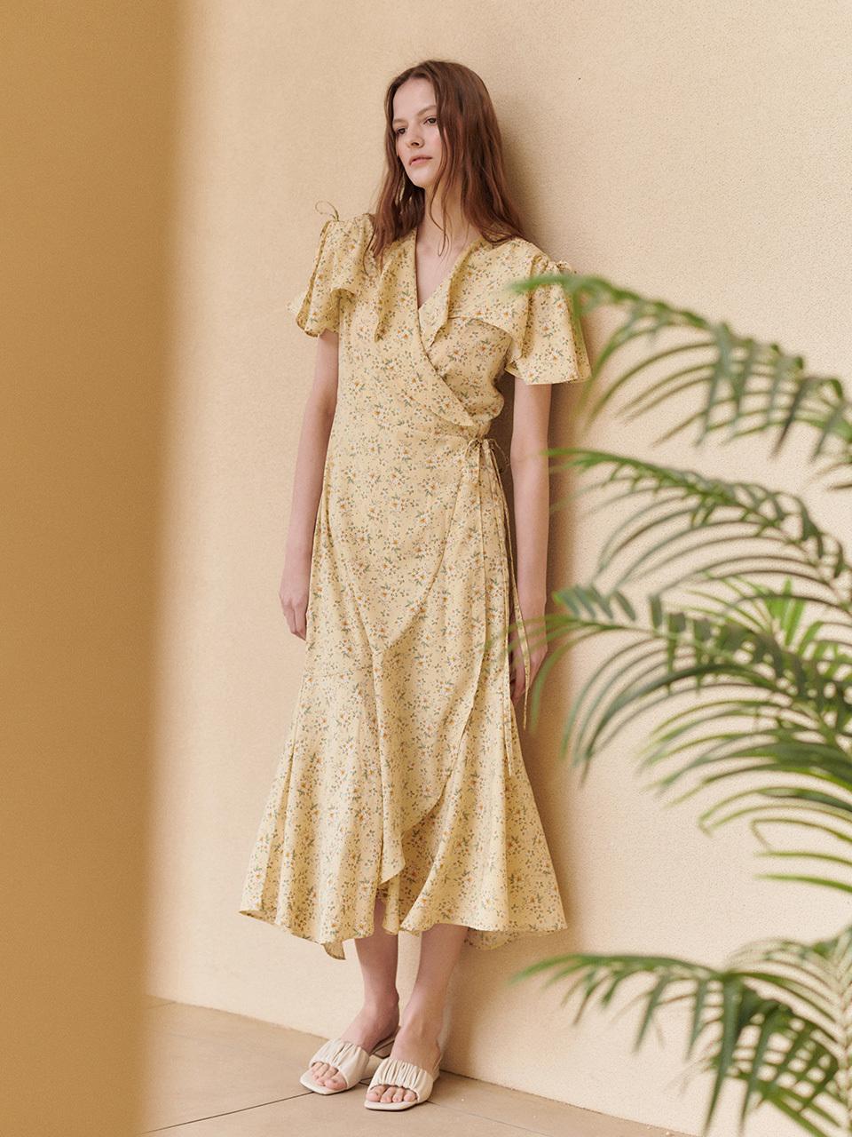 HACIE Flower Pattern Ruffle Wrap Dress_Yellow / Green
