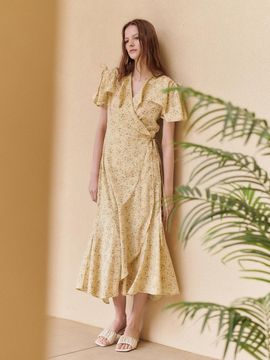 HACIE Flower Pattern Ruffle Wrap Dress_Yellow / Green
