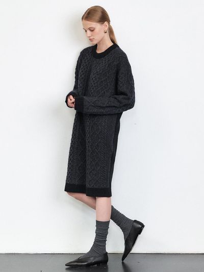 HACIE MERINO WOOL BLENDED HAIRY KNIT DRESS [WHITE] [BLAC