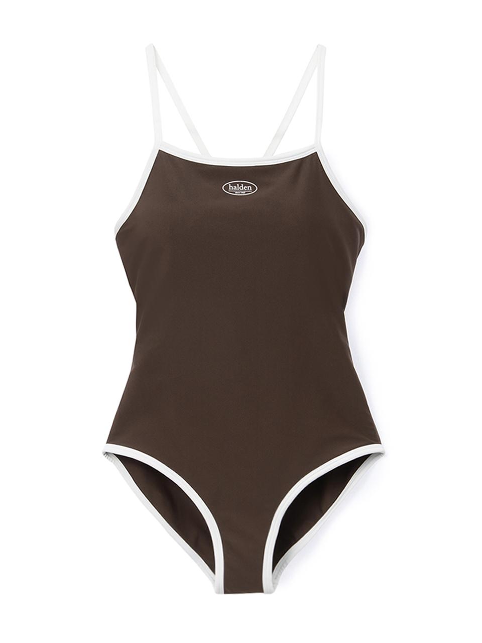 halden Center Logo Form-Fitting One-Piece Swimsuit [Brown] (S001)