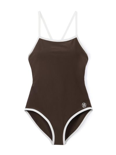 halden Sleek Nylon-Spandex Side Logo Swimsuit [Brown] (S002)