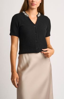 halogen(r) halogen(r) Embellished Short Sleeve Cotton Blend Cardigan