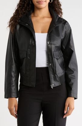 halogen(r) halogen(r) High Neck Faux Leather Bomber Jacket