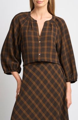halogen(r) halogen(r) Plaid Raglan Sleeved Button Down Top