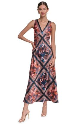 HALSTON HALSTON Sleeveless Scarf Print Satin V-neck Maxi Dress