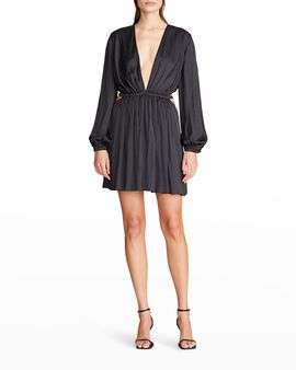 Halston Ruched Deep V-Neck Mini Dress