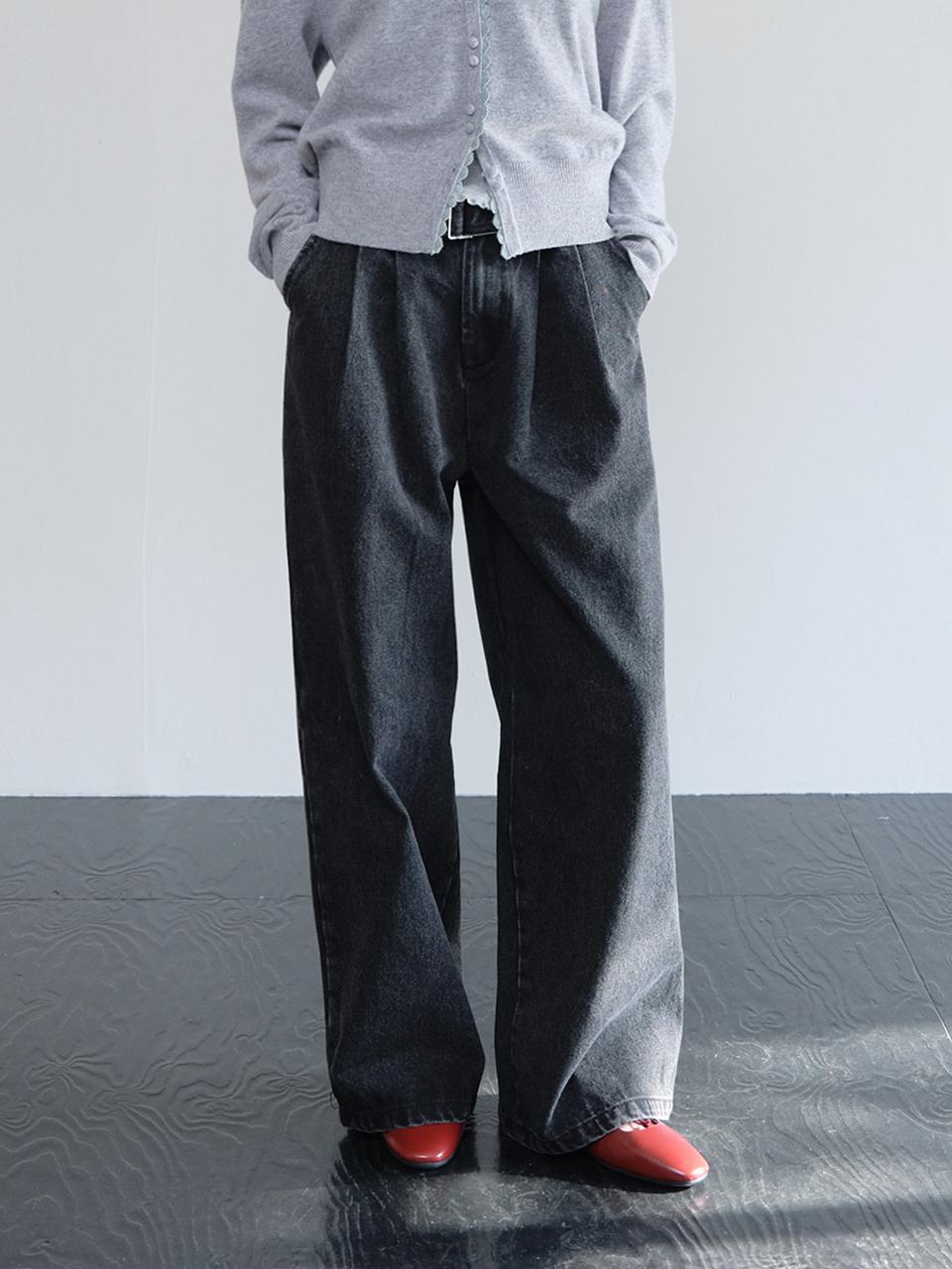 HANE Belted Washing Denim Pants [Black]